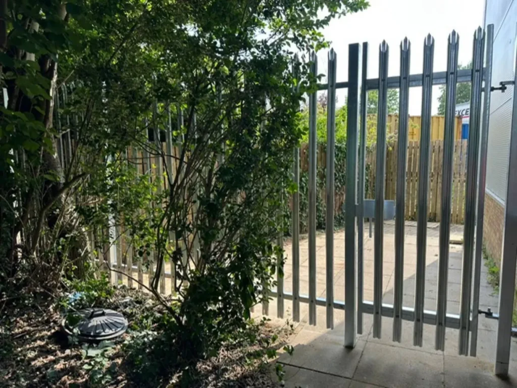Galvanised palisade pedestrian gate for staff at Empel Systems, Milton Keynes